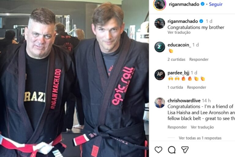 Ashton Kutcher recebe faixa-preta de jiu-jitsu de Rigan Machado