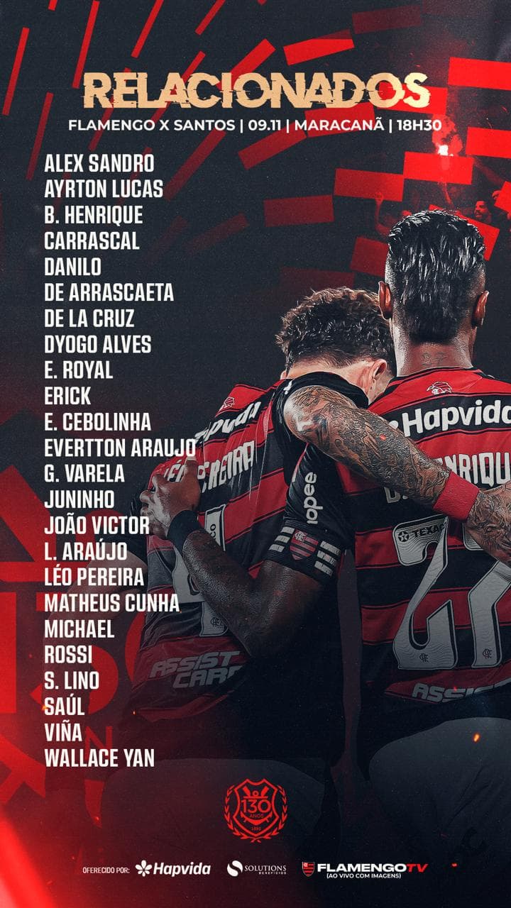 Flamengo divulga lista de convocados para enfrentar o Santos